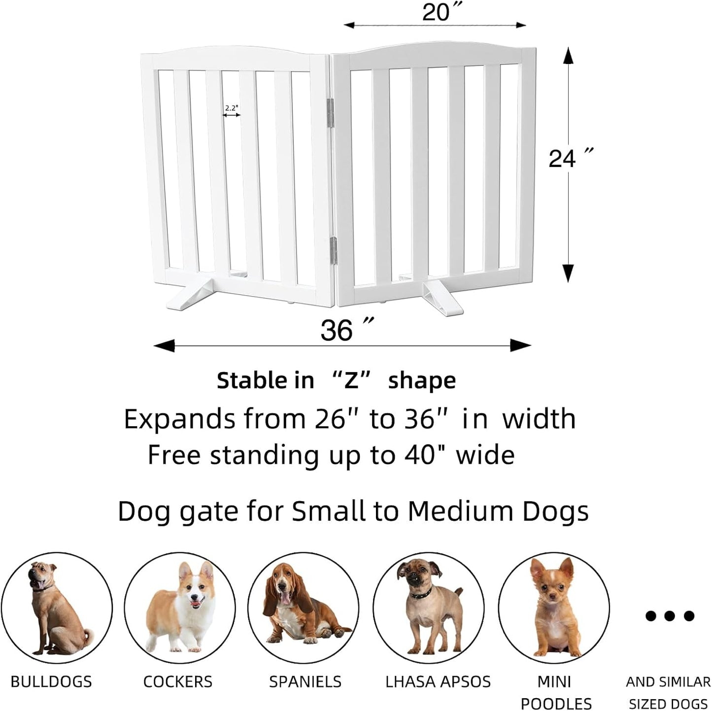 ZJSF Foldable Freestanding Indoor Dog Gate for House Wood White Long Pet Gates Dog Fence for Stairs Puppy Gates for Hallways,Pet Fence, Puppy Gate,Support Feet Included 24 "Height-2 Panels