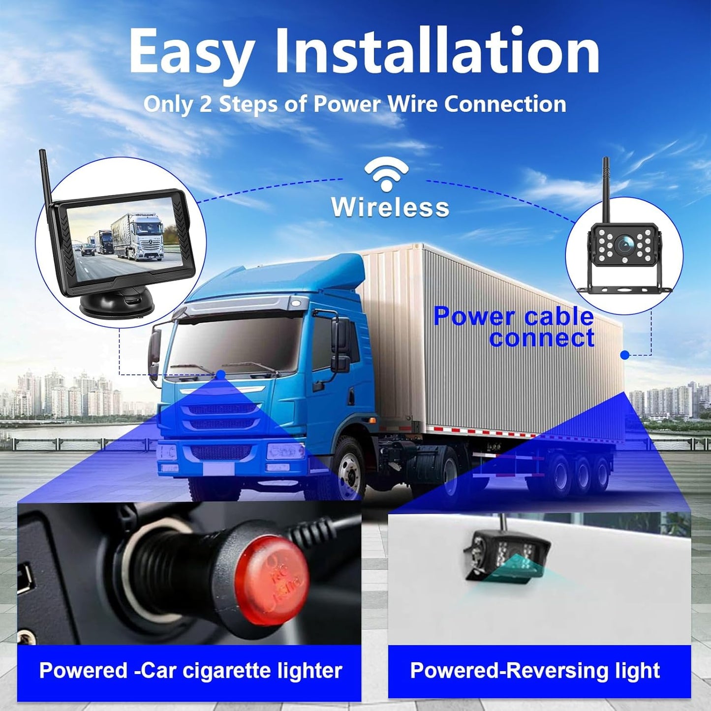 Wireless Reversing Camera System with 5 inch Split Screen, IP69K Waterproof Backup Camera with Night Vision, Support add 2nd Wireless Rear View Camera for Trailer, RV, Trucks, Farm Vehicle