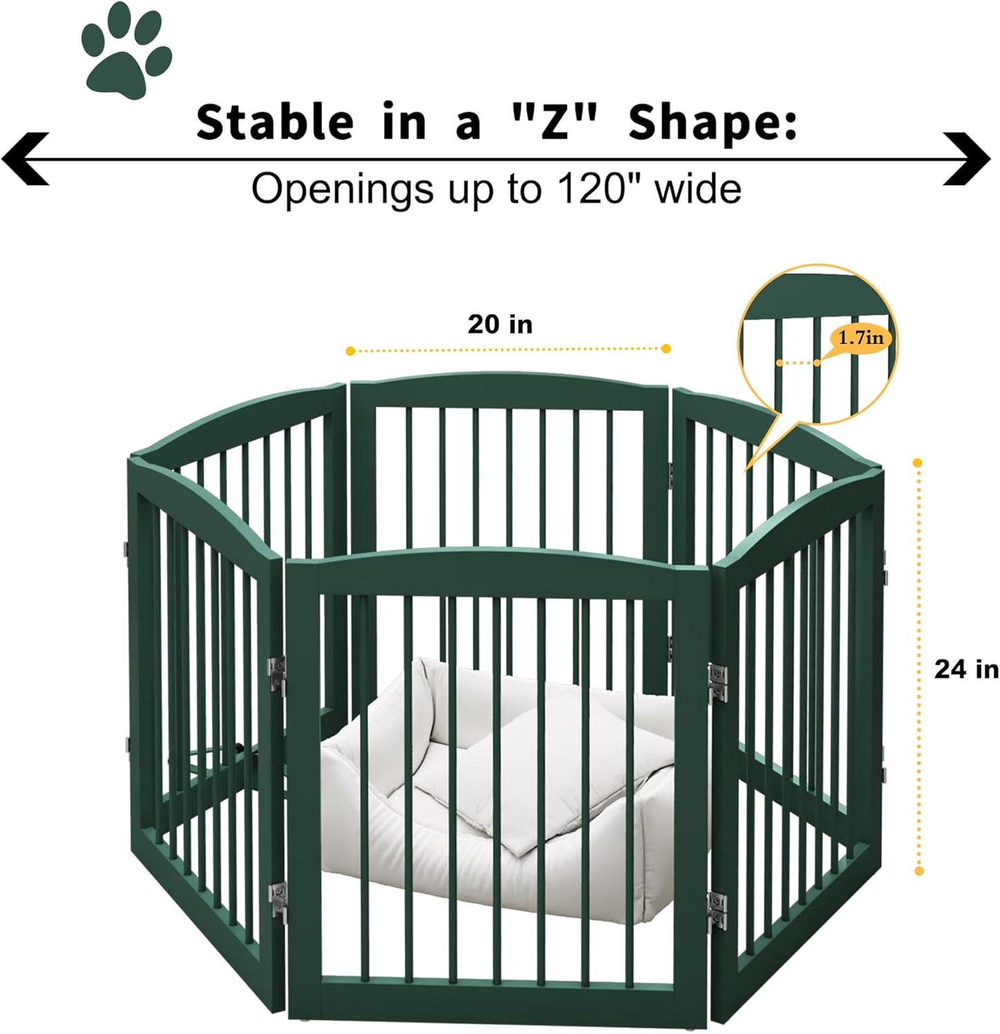 Freestanding Pet Gate for Dogs, Foldable Wooden Dog Gate for House, Extra Wide Indoor Pet Barrier for Stair, Doorway, Hall, Support Feet Included, 120 Inch Wide, 6 Panels 24",Green