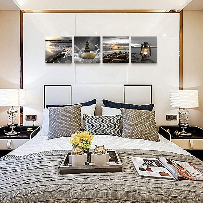 Yxbhhym-Canvas Zen Décor Black and White Beach Wall Art Ocean Poste Seascape Picture Print Sunset Scenery Painting Artwork for Living Room Wall Decor Bedroom Bathroom Wall Home Decorations Framed