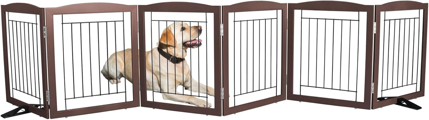 ZJSF Freestanding Dog Fence Indoor, Foldable Dog Gate for Doorways, Stairs or Hallways, Sturdy Wood Extra Wide Pet Gate with Support Feet for The House, Brown, 24 "Height-6 Panels