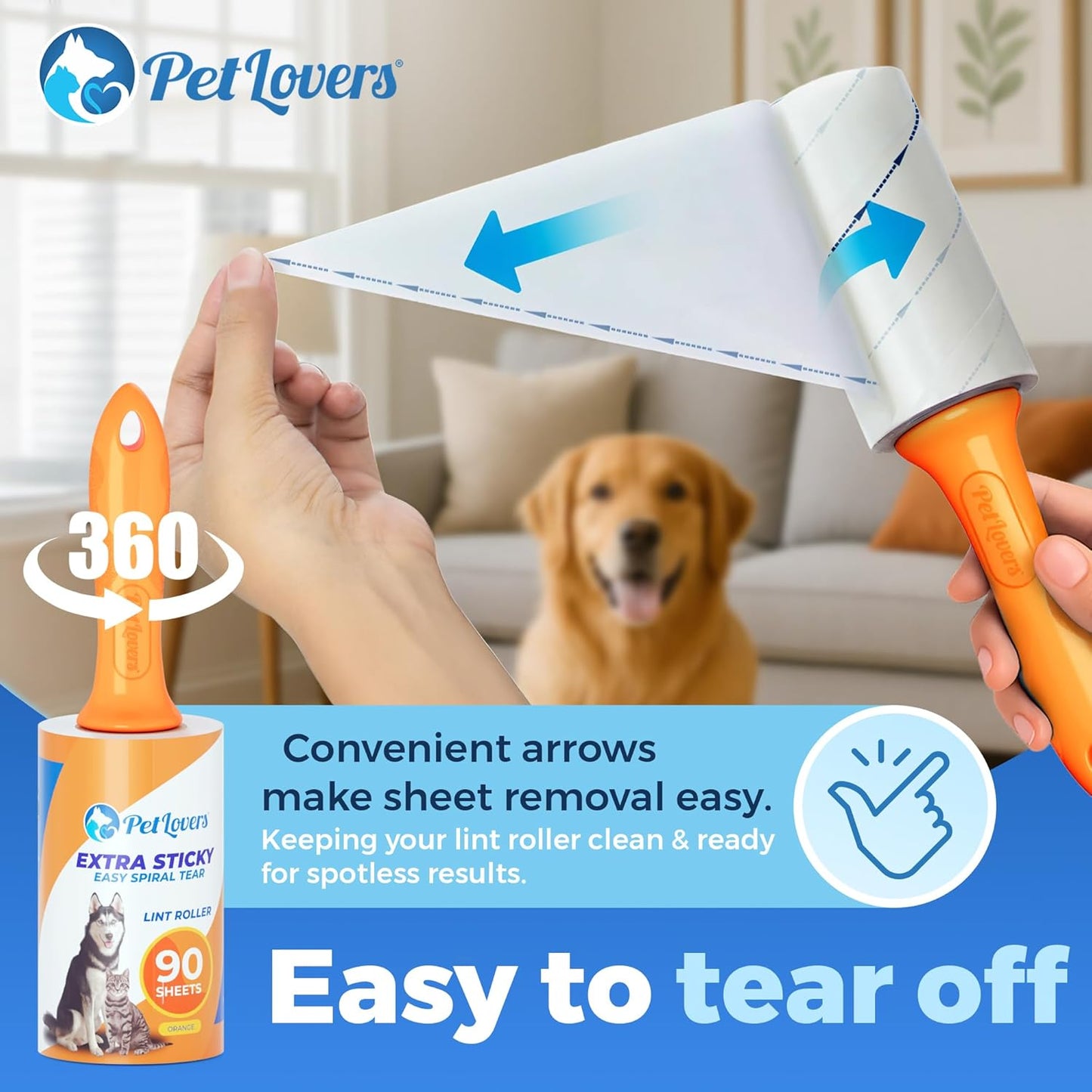 PetLovers Extra Sticky Lint Roller Mega Value Set 450 Sheets for Pet Hair Removal and Clothes, Dog and Cat Lint Remover 5 Pack Orange