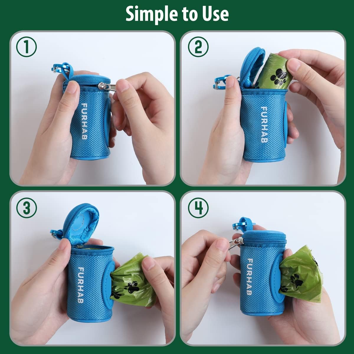 Dog Poop Bag Holder for Leash Doggie Waste Bag Dispenser Soft Fabric Puppy Potty Carrier Small Doggy Zipper Pouch with Carabiner Clip 1680D Nylon Oxford with 1 Roll of Pet Trash Bags, Sky Blue