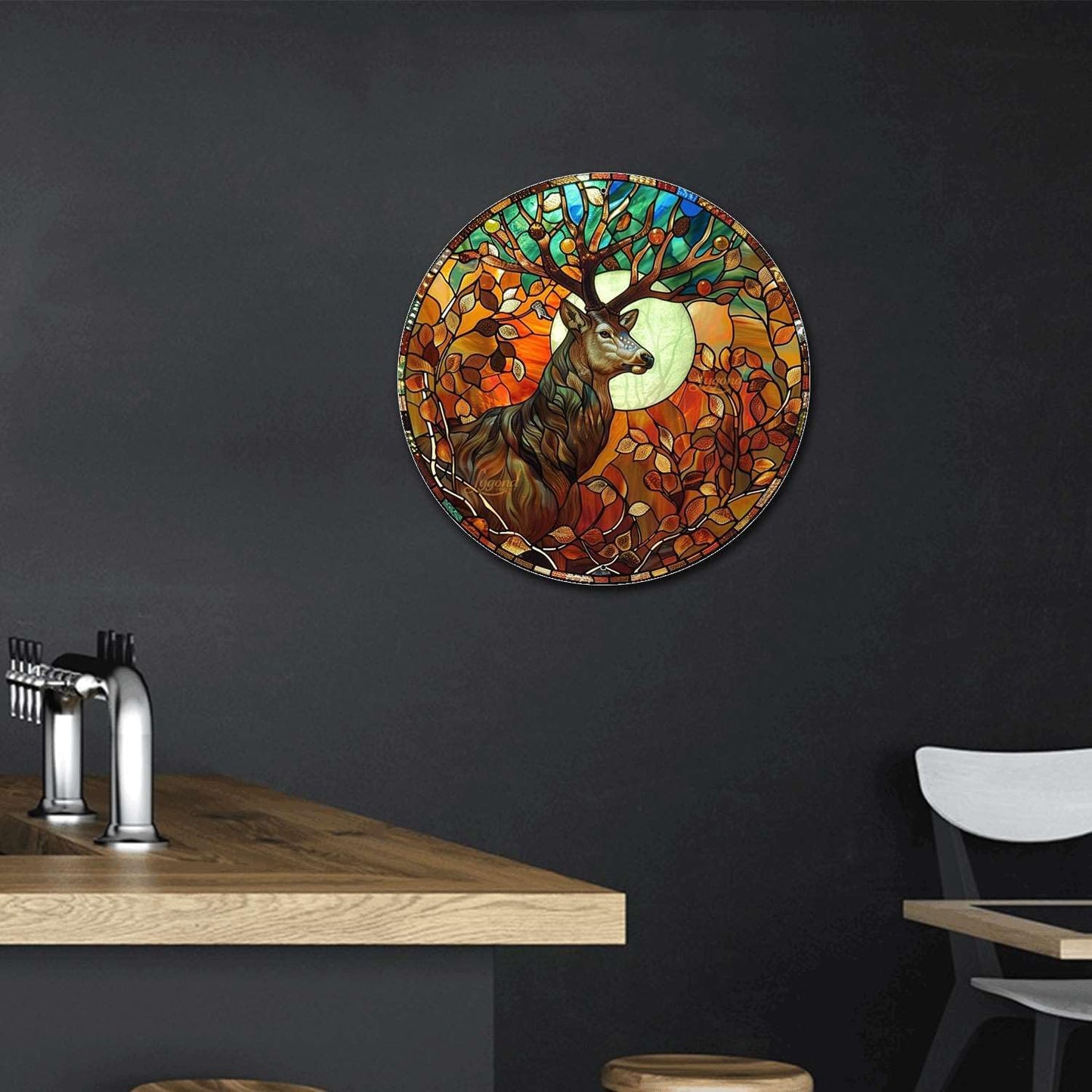 Lygond Metal Sign Tin Sign Circular Stained Glass Deer Gift For Gift 12×12 Inches