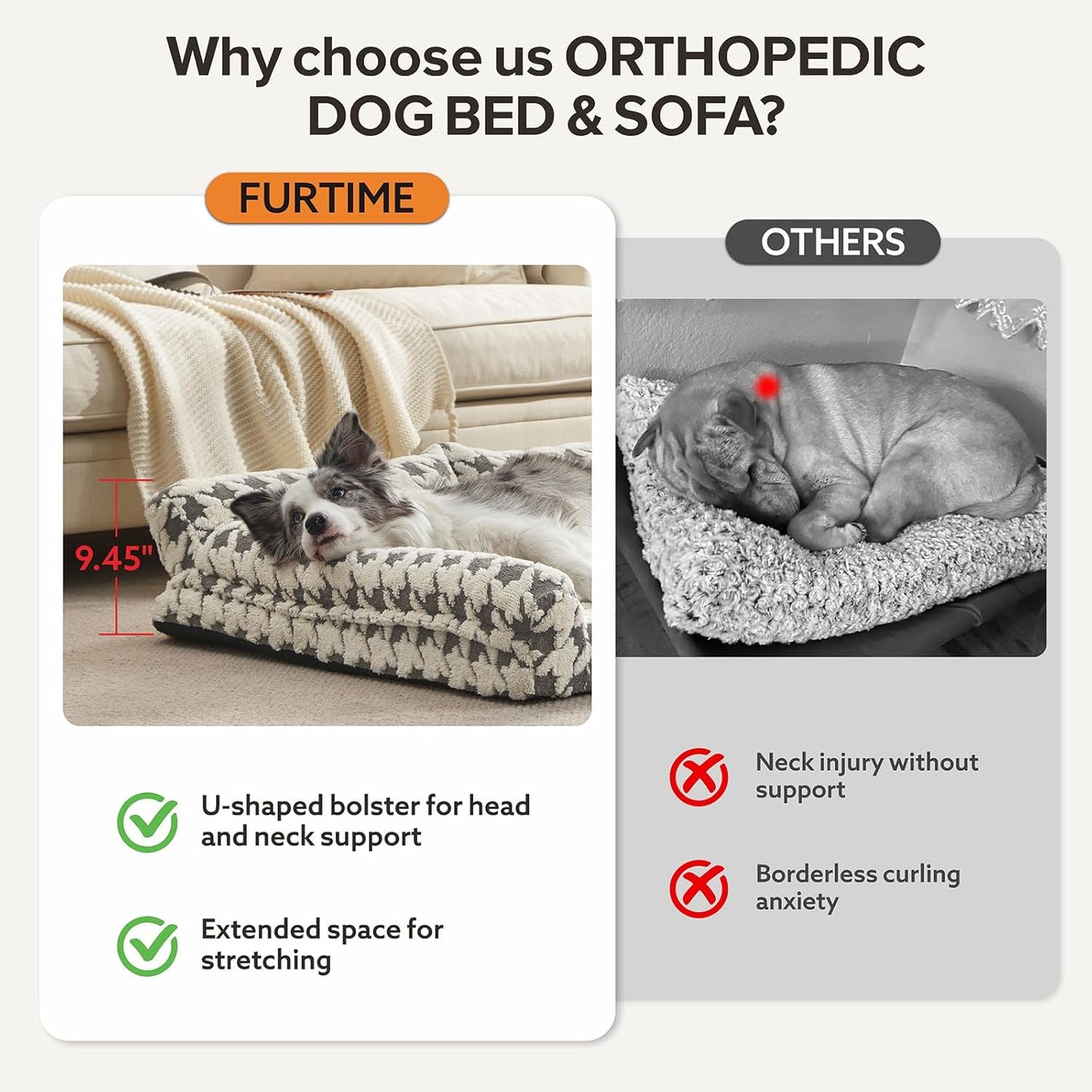 FURTIME Orthopedic Dog Beds Large Sized Dog, XL Washable Memory Foam Pet Couch Bed with Removable Washable Cover, Non-Slip Bottom with Bolster Sides, Grey