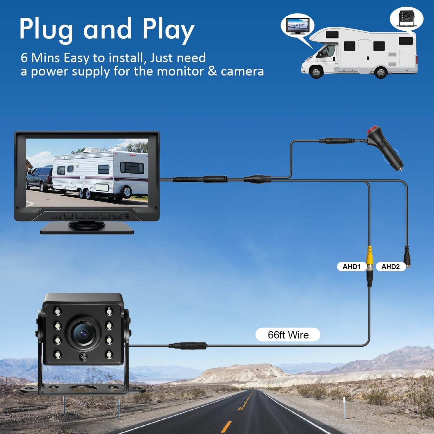 RV Backup Camera Plug and Play, 7'' Backup Camera for Truck Trailer, No Delay, 1080P HD, 2 Channels, 150° Wide Angle, DIY Guide Lines, Night Vision, IP69 Rear View Camera