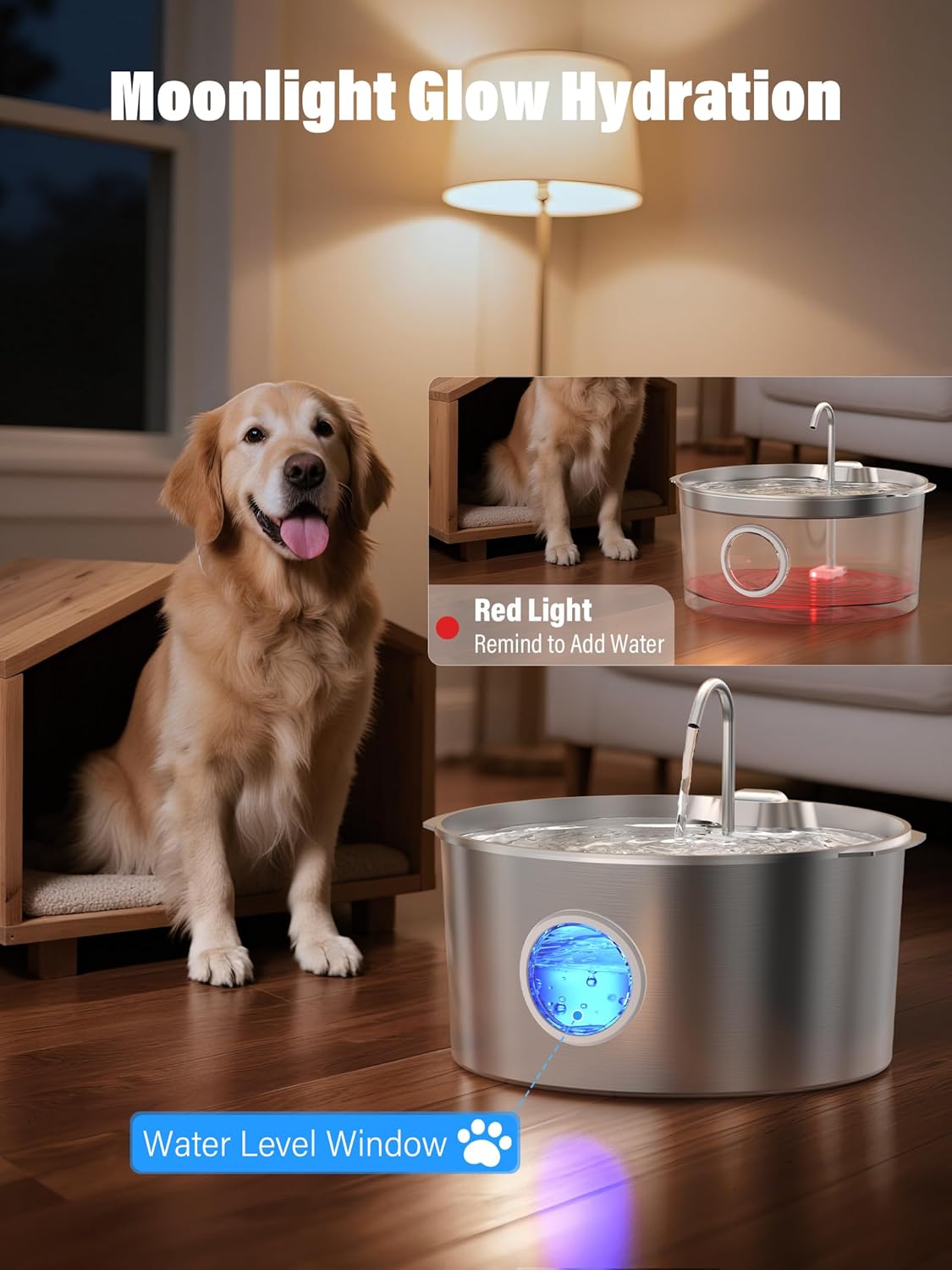 3.4Gal Dog Water Fountain for Large Dogs, Extra Large Stainless Steel Pet Water Fountain, Round Dog Water Bowl Dispenser with Metal Handle, Water Level Window, Supet Quiet Pump for Multi Pet Home