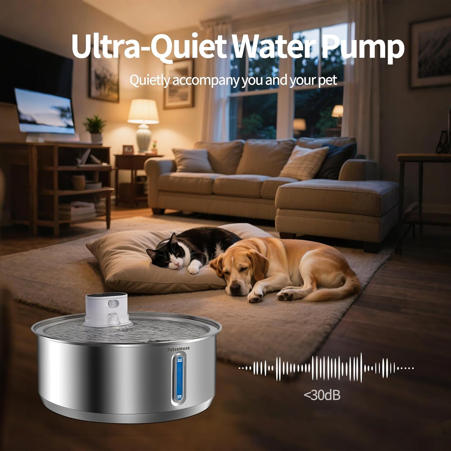 Wireless Dog Water Fountain, 2.1Gal/8L Battery Operated Stainless Steel Pet Water Fountain Motion Sensor Dog Water Bowl Fountain Large Dog Bowl Inside with 3 Filters and 2 Ultra Quiet Pumps