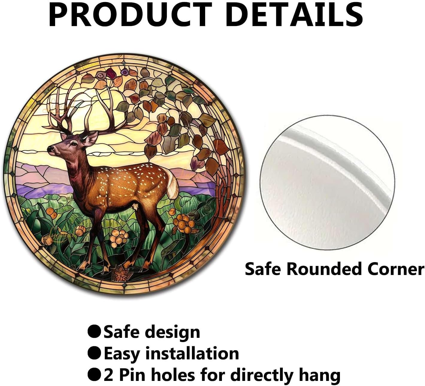 Lygond Metal Sign Tin Sign Circular Stained Glass Deer Metal Sign for Club 12×12 Inches
