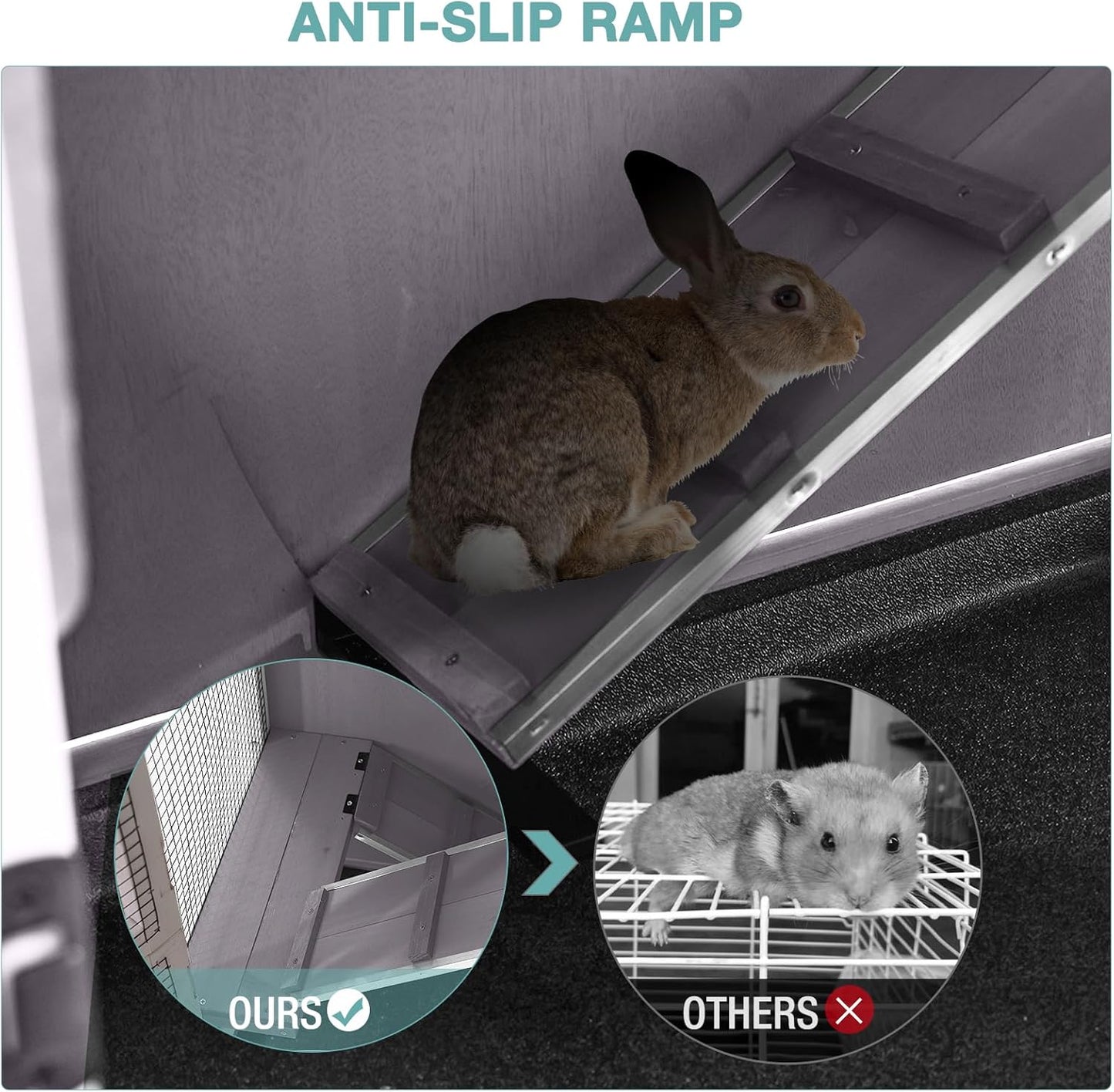 2-Tier Indoor Rabbit Hutch Bunny House Guinea Pig Cage with Sliding Plastic Trays, Wheels & Ramp, 47.2" Multi-Door Wooden Small Animal Cage for Rabbits, Bunnies, and Guinea Pigs (Grey)