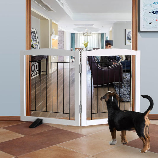 ZJSF Freestanding Dog Fence Indoor, Foldable Dog Gate for Doorways, Stairs or Hallways, Sturdy Wood Extra Wide Pet Gate with Support Feet for The House, White, 24 "Height-2 Panels