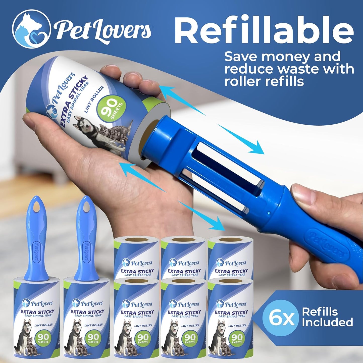 PetLovers Extra Sticky Lint Roller Mega Value Set 720 Sheets for Pet Hair Removal and Clothes, Dog and Cat Lint Remover, 8 Pack