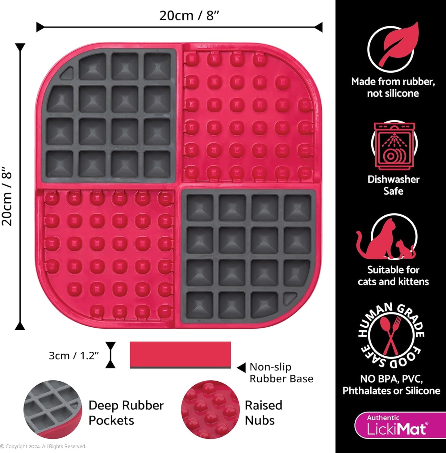 LickiMat Slomo, Cat Slow Feeder Lick Mat, Boredom Anxiety Reducer; Perfect for Food, Treats, Yogurt, or Peanut Butter. Fun Alternative to a Slow Feed Cat Bowl or Dish, Red
