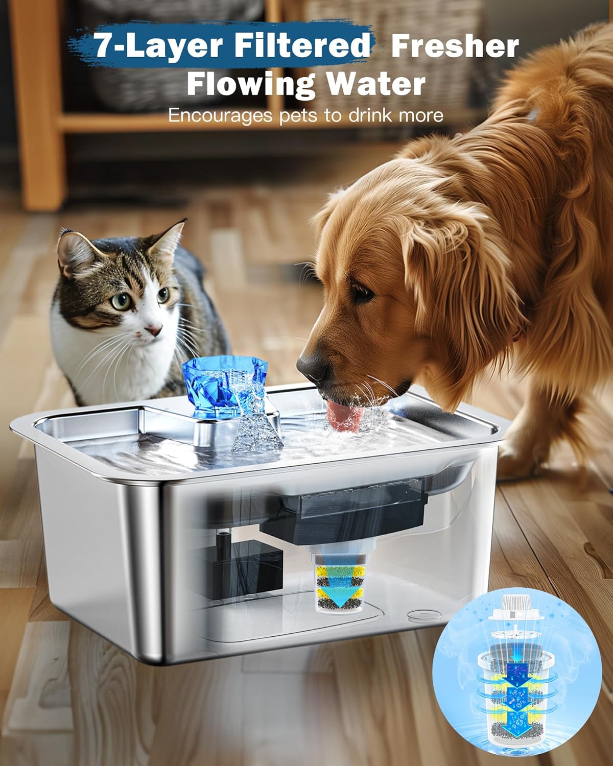 Large Dog Water Fountain Stainless Steel,3 Gallon Extra Big Pet Water Fountain for Large Dogs with 4 Filters,Automatic Dog Water Bowl Dispenser Drinking Fountains,Easy to Clean,Quiet Pump