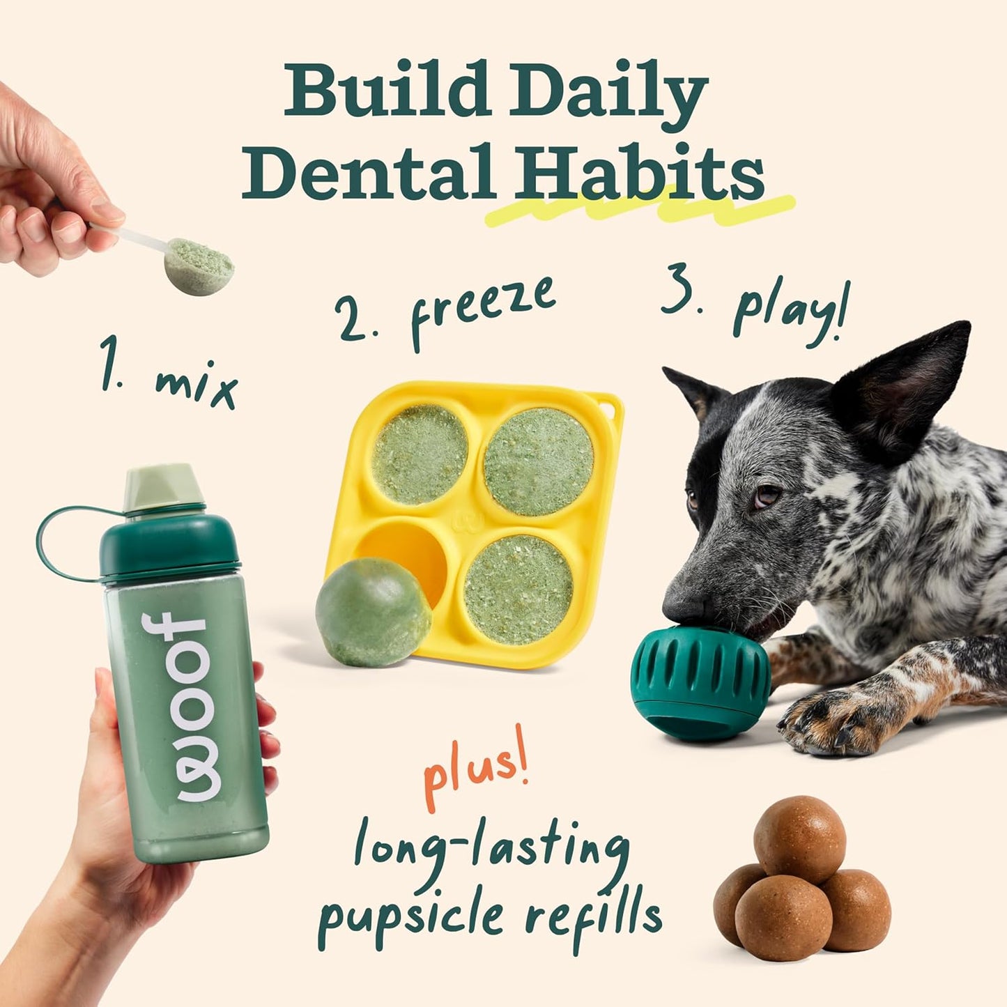 WOOF Dental Kit- Includes Pupsicle Dog Toy, Treat Tray, Shaker Bottle, Chicken Pupsicle Pops, and Dog Teeth Cleaning Powder - Supports Oral Health for Dogs - Large