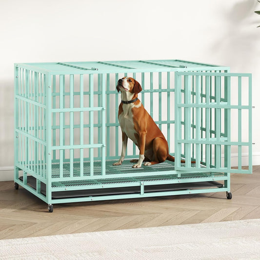 48IN Heavy Duty Dog Crate Steel Escape Proof, Indoor Double Door High Anxiety Cage Removable Tray, Extra Large,Green