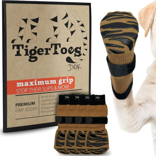 DOK TigerToes Premium Non-Slip Dog Socks for Hardwood Floors - Extra-Thick Grip That Works Even When Twisted - Prevents Licking, Slipping, and Great for Dog Paw Protection (Cool Caramel, Small)