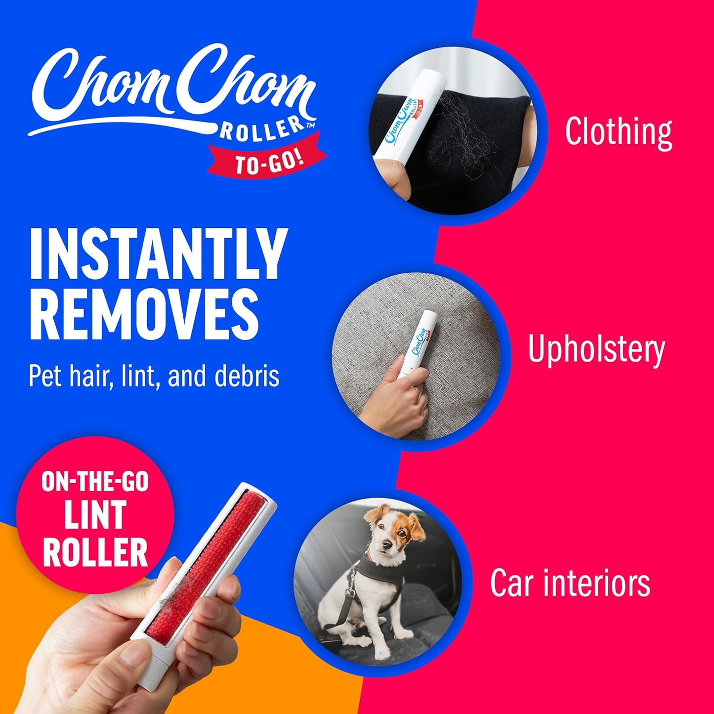 ChomChom Roller for Pet Hair - Reusable Lint Roller Pet Hair Removal Tool for Clothes, Couches, Cars and Travel - Cat Dog Hair Remover, Compact, No Sticky Refills Needed (Travel Togo)