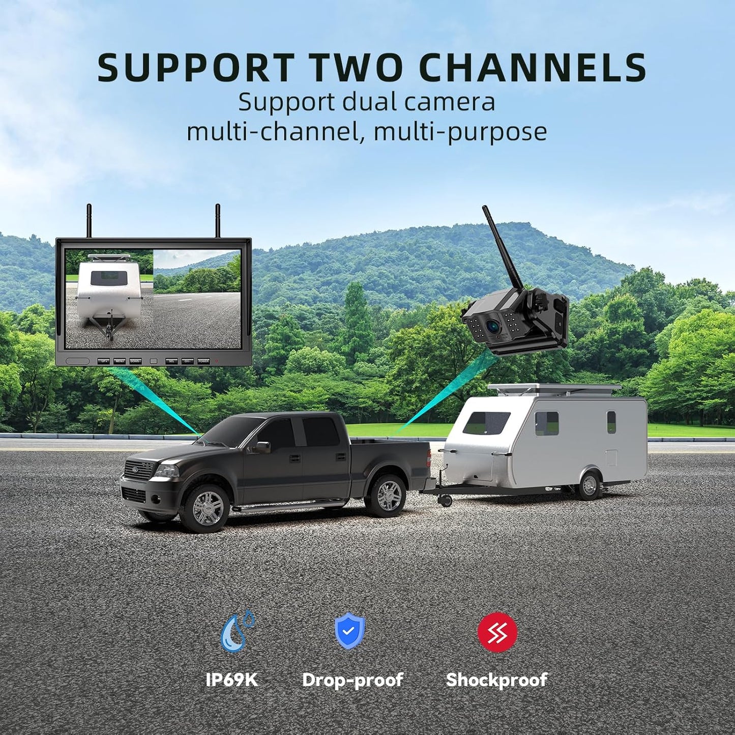 eRapta 2 Wireless Backup Camera Magnetic: 10.1" IPS DVR Monitor, Install-Free RV Backup Camera with Infrared Night Vision, Built-in 9600mAh Battery for Trailer/RV/Truck/Horse Trailer/Tractor ACT1002